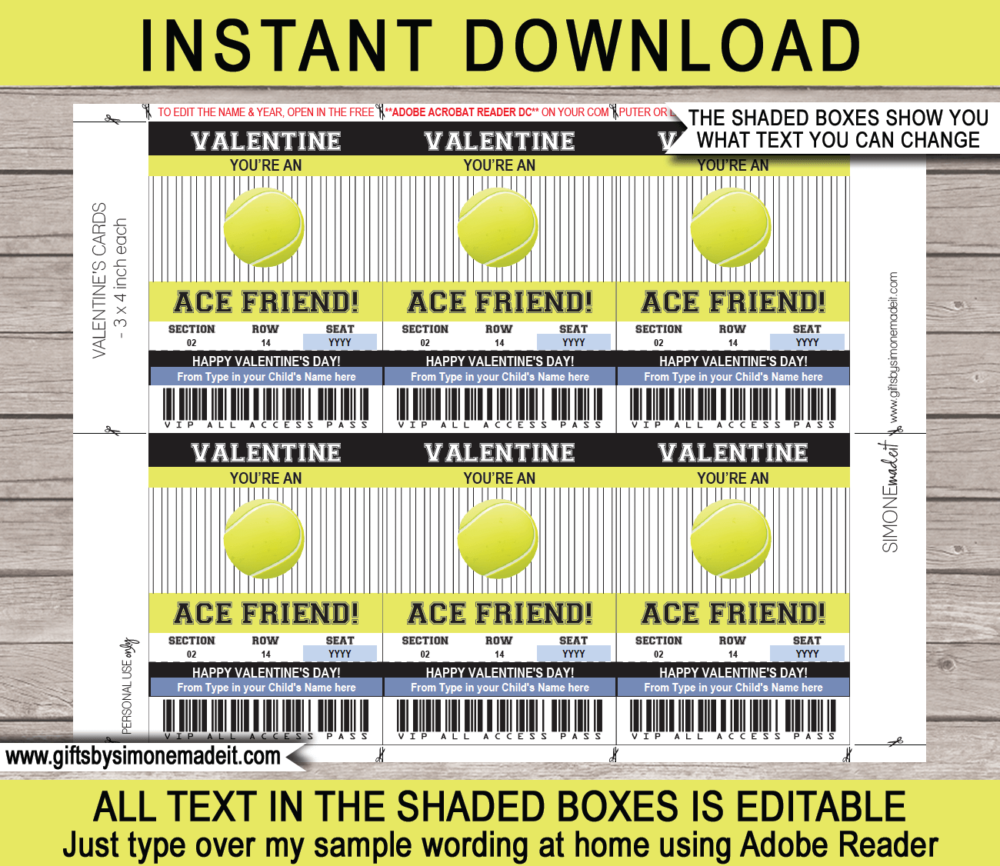 Valentines Tennis Class Gift Card Template | School VIP Pass Gift Tag | You're an Ace Friend | Valentine's Day Classmate | DIY Printable with Editable Text | INSTANT DOWNLOAD via giftsbysimonemadeit.com