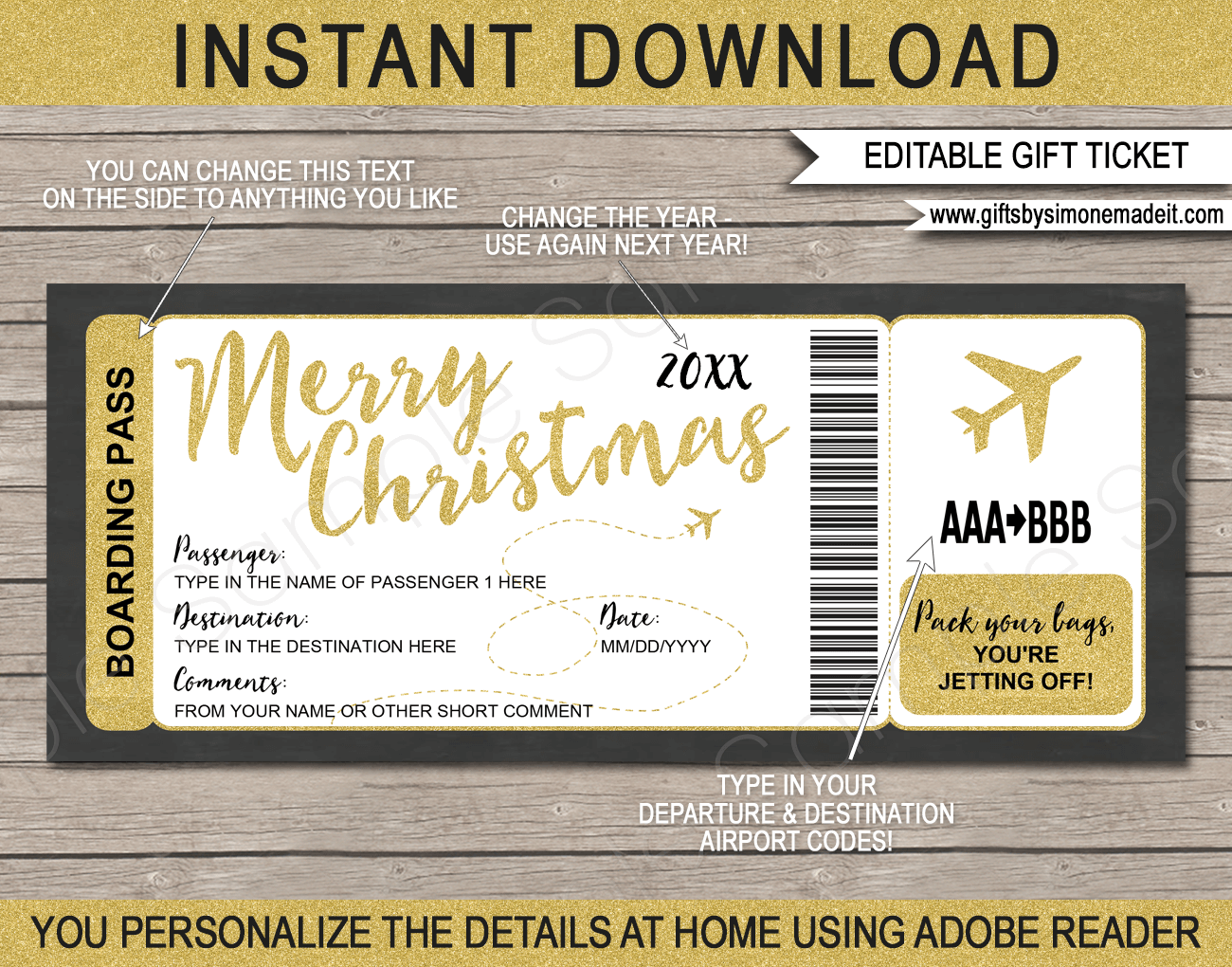 Printable Christmas Plane Boarding Pass Gift Template | Fake Plane Gift Ticket | Surprise Trip Reveal | Flight, Holiday, Getaway, Vacation | INSTANT DOWNLOAD via giftsbysimonemadeit.com