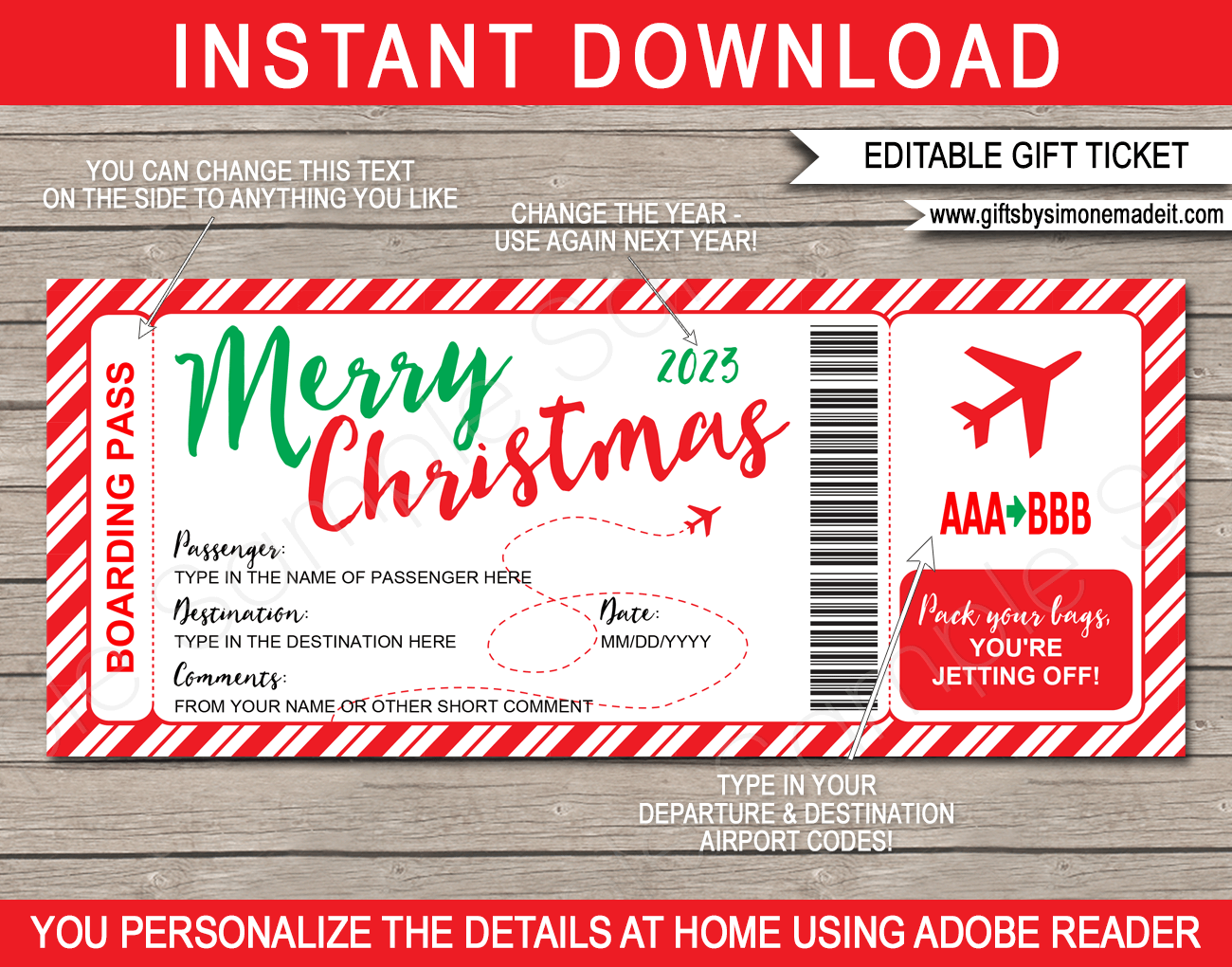 Printable Christmas Plane Boarding Pass Gift Template | Fake Plane Gift Ticket | Surprise Trip Reveal | Flight, Holiday, Getaway, Vacation | INSTANT DOWNLOAD via giftsbysimonemadeit.com