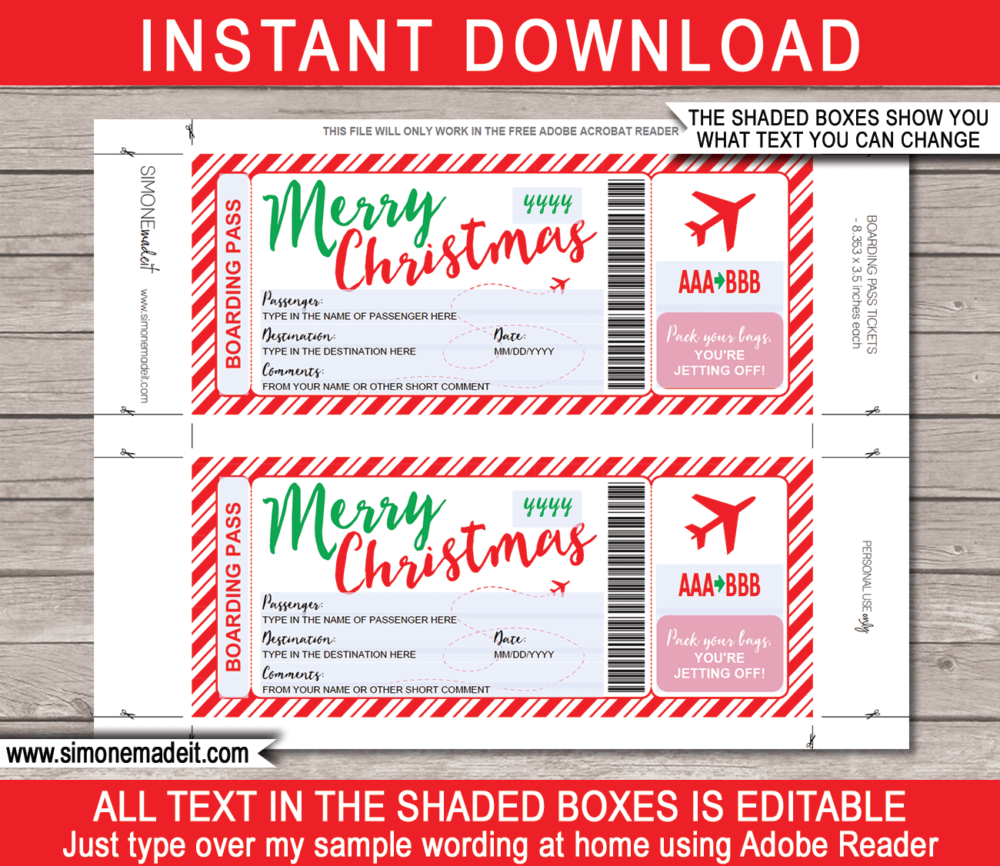 Fake Christmas Plane Ticket template | Fake Boarding Pass | Editable & Printable Template | INSTANT DOWNLOAD via giftsbysimonemadeit.com