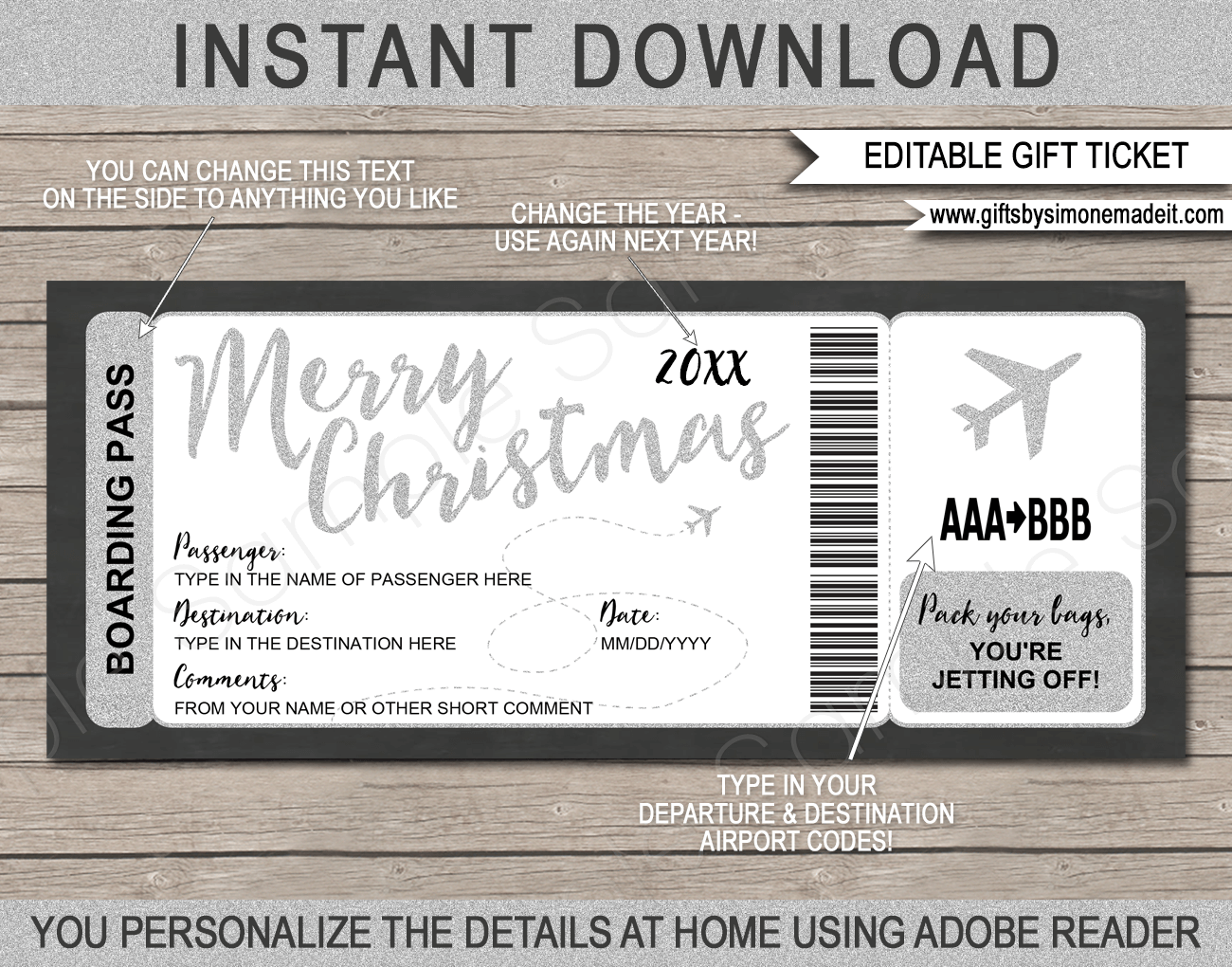 Printable Christmas Plane Boarding Pass Gift Template | Fake Plane Gift Ticket | Surprise Trip Reveal | Flight, Holiday, Getaway, Vacation | INSTANT DOWNLOAD via giftsbysimonemadeit.com