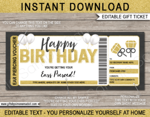 Birthday Ear Piercing Certificate Template | Printable Gift Card Voucher Ticket | Gift Idea for Tween or Teenage Daughter | DIY with Editable Text | INSTANT DOWNLOAD via giftsbysimonemadeit.com