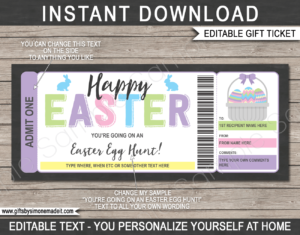 Printable Easter Egg Hunt Ticket Template | Kids Party Invitation, Invite, Flyer | DIY Template with Editable Text | Easter Event | INSTANT DOWNLOAD via giftsbysimonemadeit.com