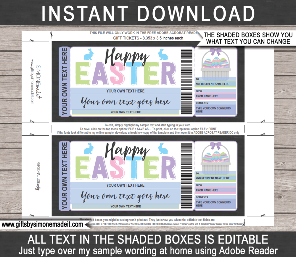 Printable Easter Egg Hunt Ticket Template | Kids Party Invitation, Invite, Flyer | DIY Template with Editable Text | Easter Event | INSTANT DOWNLOAD via giftsbysimonemadeit.com