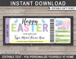 Easter Movie Ticket Template | Printable Family Movie Night Gift Voucher Card Certificate with Editable Text | Gift Idea | INSTANT DOWNLOAD via giftsbysimonemadeit.com