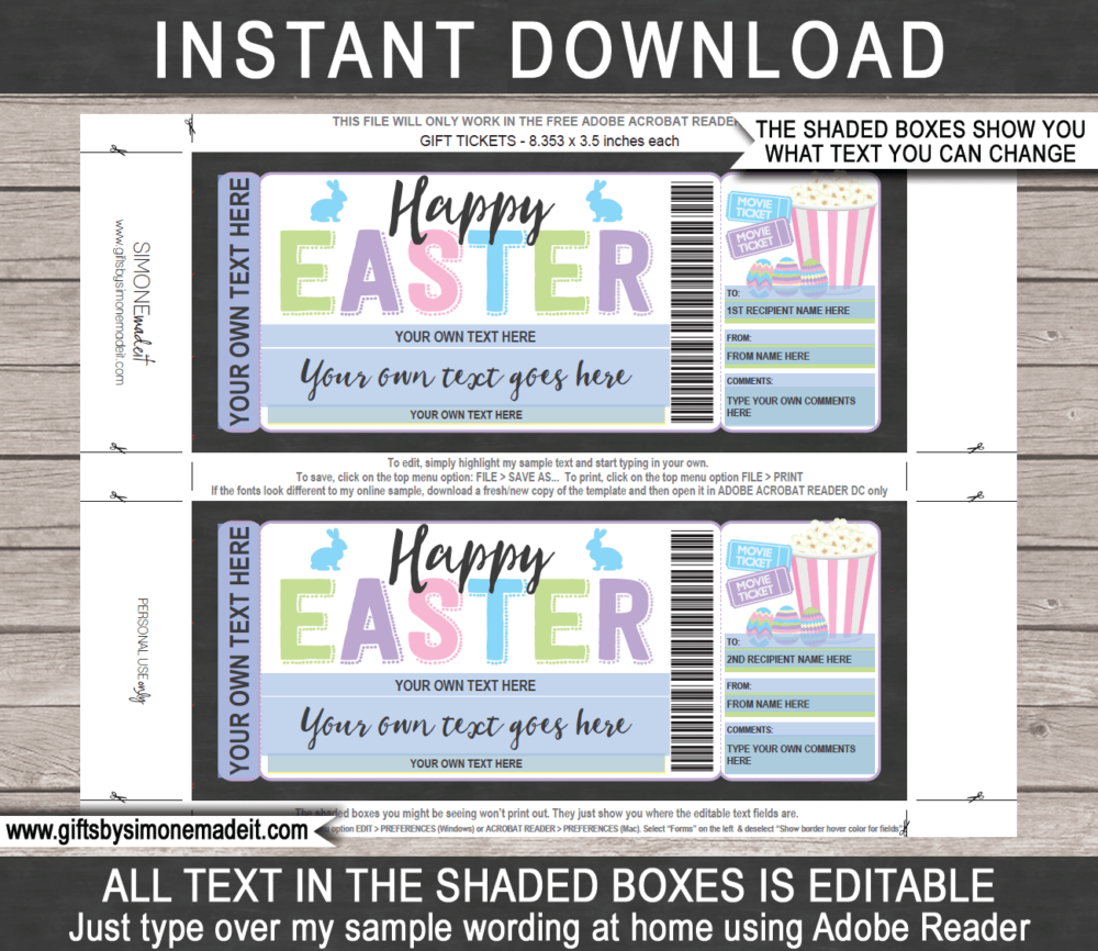 Easter Movie Gift Voucher Template | Printable Family Movie Night Ticket Card Certificate with Editable Text | Gift Idea | INSTANT DOWNLOAD via giftsbysimonemadeit.com