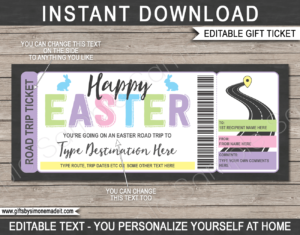 Printable Easter Road Trip Ticket Template | Surprise Road Trip Reveal Gift Ticket | Fake Ticket | Driving Holiday by Car, RV, Motorhome | INSTANT DOWNLOAD via giftsbysimonemadeit.com