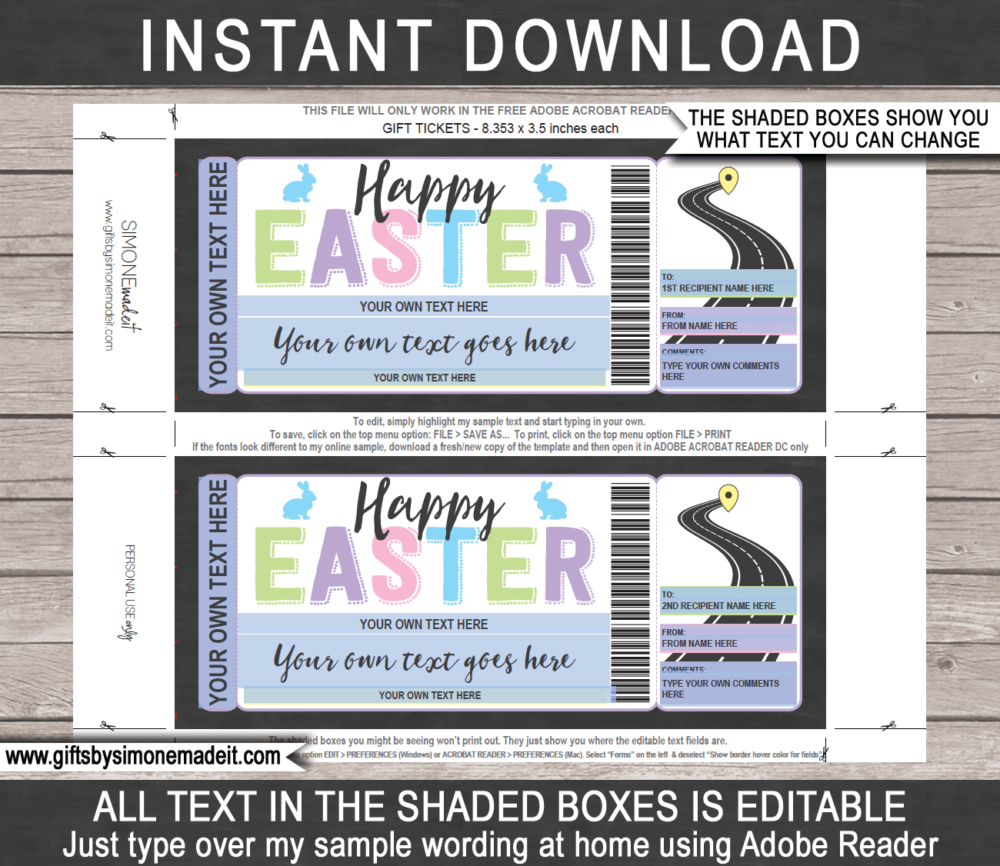 Printable Easter Road Trip Ticket Template | Surprise Road Trip Reveal Gift Ticket | Fake Ticket | Driving Holiday by Car, RV, Motorhome | INSTANT DOWNLOAD via giftsbysimonemadeit.com