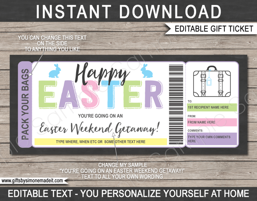 Easter Weekend Getaway Voucher Template | Printable Travel Ticket Gift | Hotel Stay, Romantic Vacation, Pack Your Bags, Hotel Stay, Trip Away | INSTANT DOWNLOAD via giftsbysimonemadeit.com