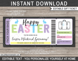 Easter Weekend Getaway Voucher Template | Printable Travel Ticket Gift | Hotel Stay, Romantic Vacation, Pack Your Bags, Hotel Stay, Trip Away | INSTANT DOWNLOAD via giftsbysimonemadeit.com
