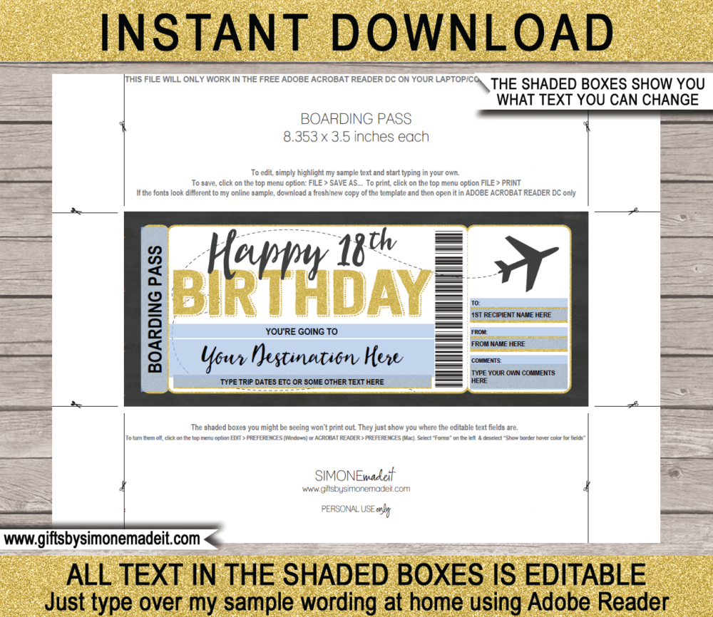 18th Birthday Boarding Pass Template | Printable Fake Plane Ticket | Surprise Trip Reveal Gift Idea | DIY Editable Text | INSTANT DOWNLOAD via giftsbysimonemadeit.com