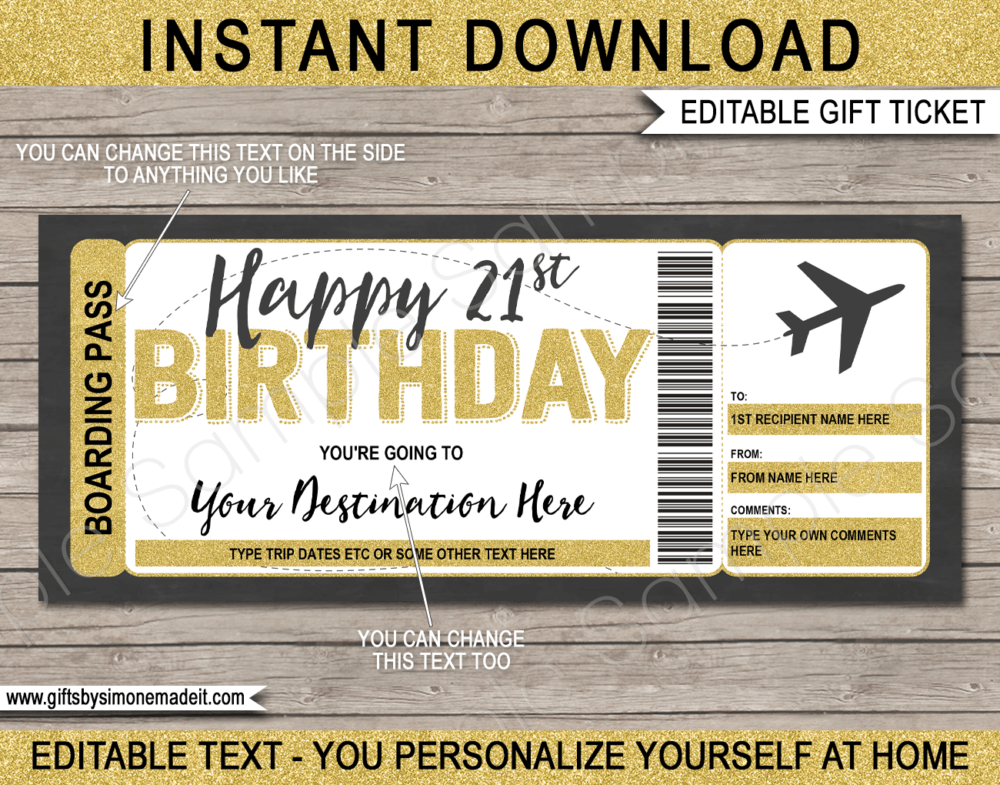 21st Birthday Boarding Pass Template | Printable Fake Plane Ticket | Surprise Trip Reveal Gift Idea | DIY Editable Text | INSTANT DOWNLOAD via giftsbysimonemadeit.com