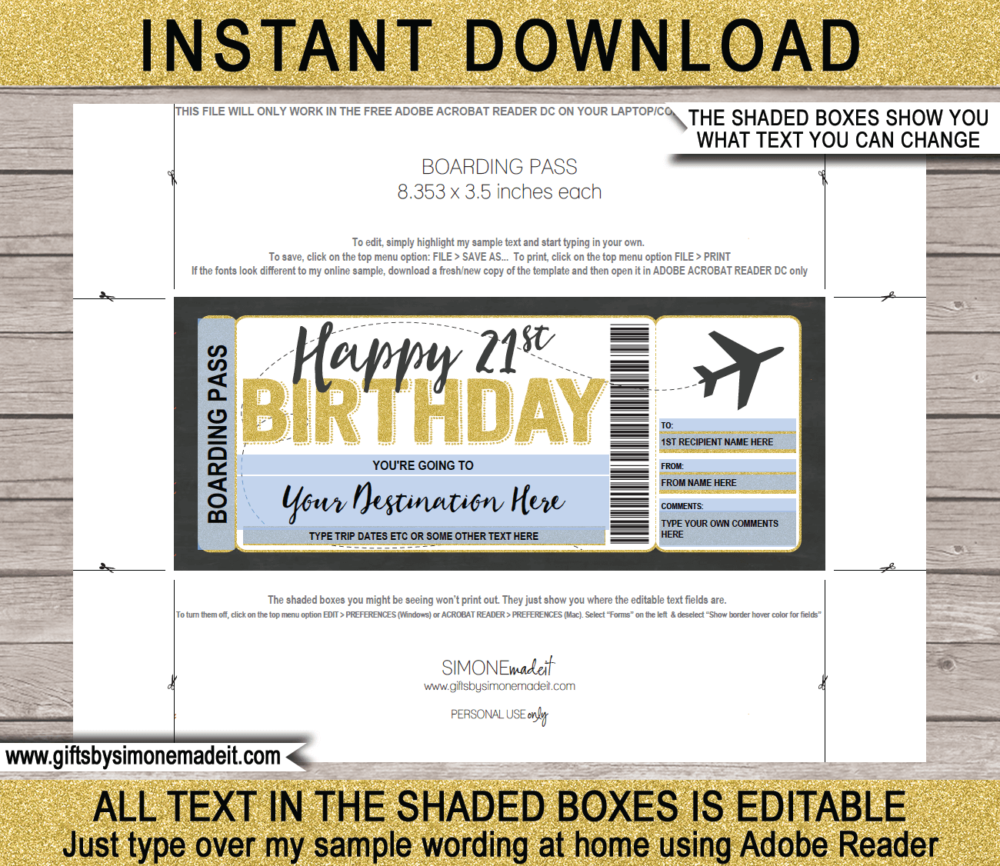21st Birthday Boarding Pass Template | Printable Fake Plane Ticket | Surprise Trip Reveal Gift Idea | DIY Editable Text | INSTANT DOWNLOAD via giftsbysimonemadeit.com