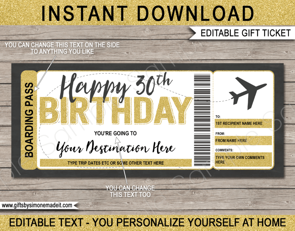 30th Birthday Boarding Pass Template | Printable Fake Plane Ticket | Surprise Trip Reveal Gift Idea | DIY Editable Text | INSTANT DOWNLOAD via giftsbysimonemadeit.com