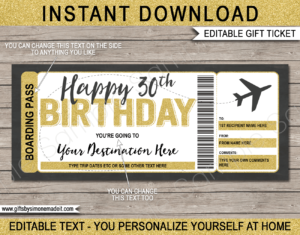 30th Birthday Boarding Pass Template | Printable Fake Plane Ticket | Surprise Trip Reveal Gift Idea | DIY Editable Text | INSTANT DOWNLOAD via giftsbysimonemadeit.com