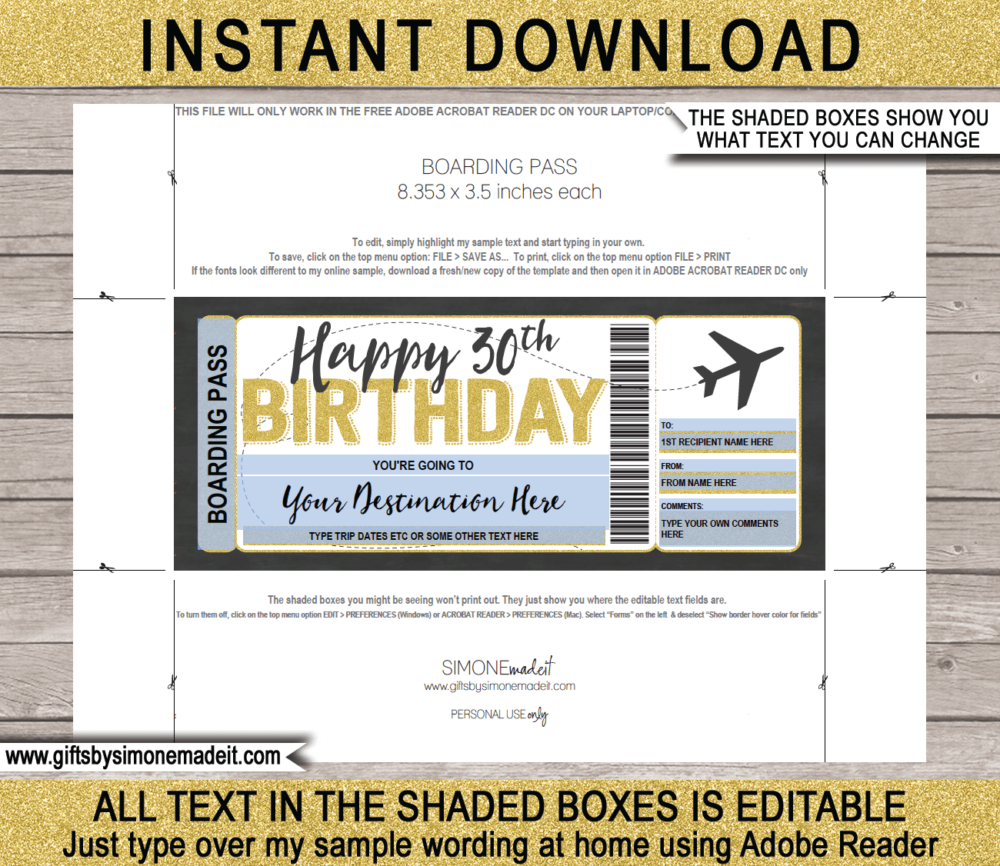 30th Birthday Boarding Pass Template | Printable Fake Plane Ticket | Surprise Trip Reveal Gift Idea | DIY Editable Text | INSTANT DOWNLOAD via giftsbysimonemadeit.com