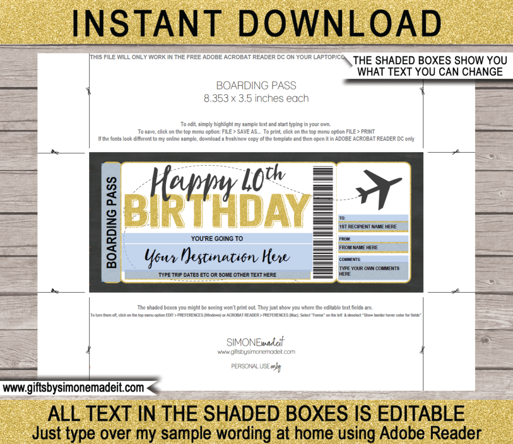 40th Birthday Boarding Pass Template | Printable Fake Plane Ticket | Surprise Trip Reveal Gift Idea | DIY Editable Text | INSTANT DOWNLOAD via giftsbysimonemadeit.com