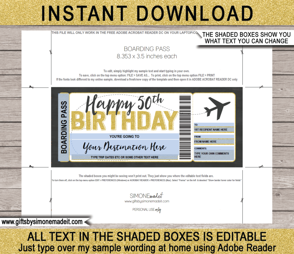 50th Birthday Boarding Pass Template | Printable Fake Plane Ticket | Surprise Trip Reveal Gift Idea | DIY Editable Text | INSTANT DOWNLOAD via giftsbysimonemadeit.com