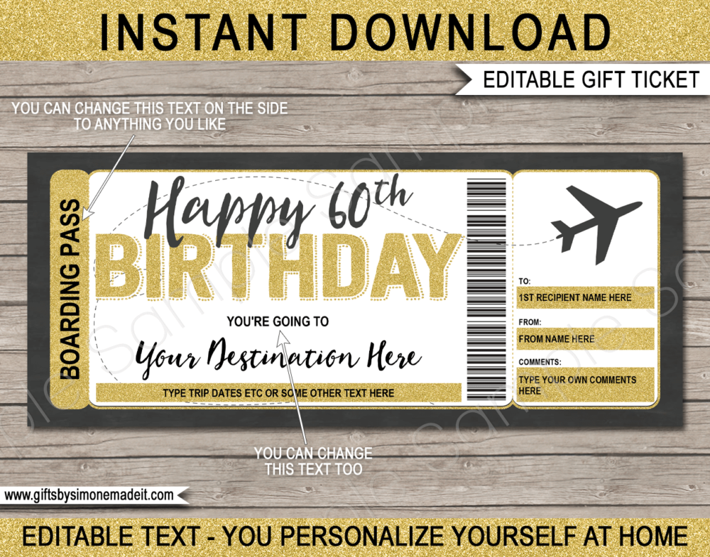 60th Birthday Boarding Pass Template | Printable Fake Plane Ticket | Surprise Trip Reveal Gift Idea | DIY Editable Text | INSTANT DOWNLOAD via giftsbysimonemadeit.com