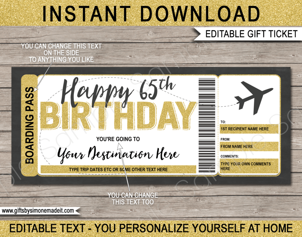 65th Birthday Boarding Pass Template | Printable Fake Plane Ticket | Surprise Trip Reveal Gift Idea | DIY Editable Text | INSTANT DOWNLOAD via giftsbysimonemadeit.com