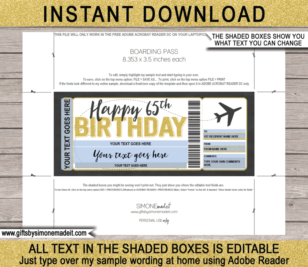 65th Birthday Boarding Pass Template | Printable Fake Plane Ticket | Surprise Trip Reveal Gift Idea | DIY Editable Text | INSTANT DOWNLOAD via giftsbysimonemadeit.com