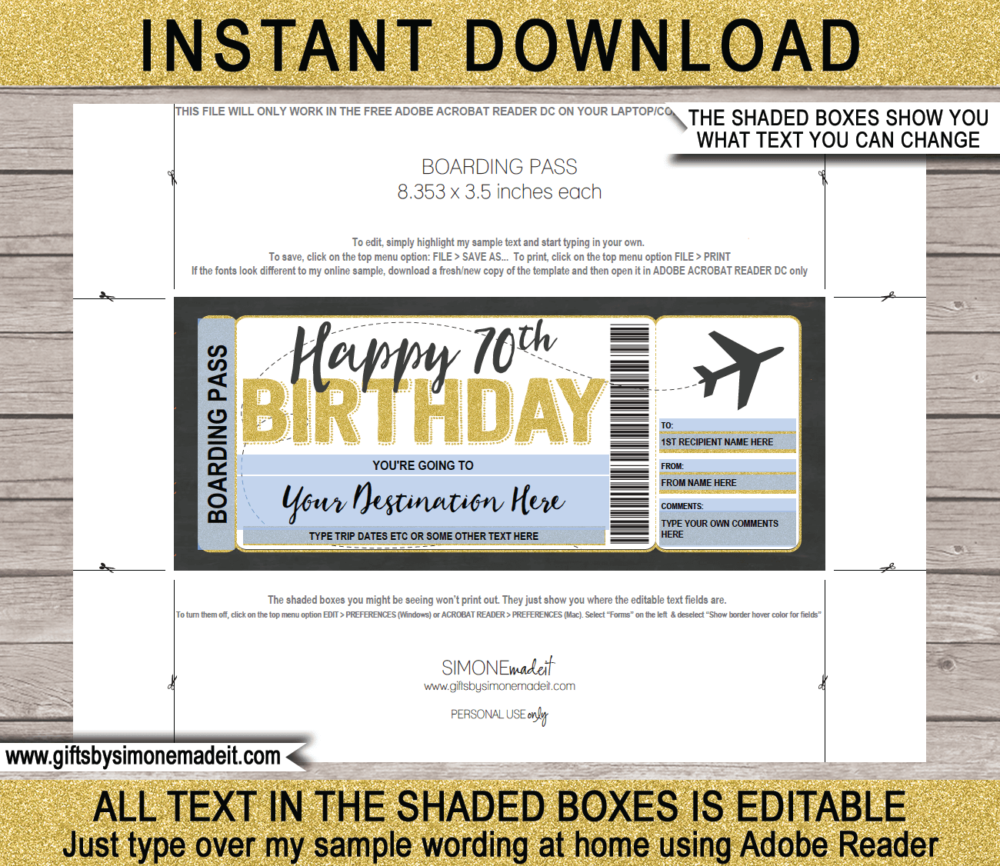 70th Birthday Boarding Pass Template | Printable Fake Plane Ticket | Surprise Trip Reveal Gift Idea | DIY Editable Text | INSTANT DOWNLOAD via giftsbysimonemadeit.com