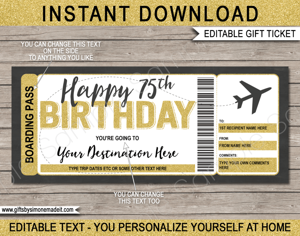 75th Birthday Boarding Pass Template | Printable Fake Plane Ticket | Surprise Trip Reveal Gift Idea | DIY Editable Text | INSTANT DOWNLOAD via giftsbysimonemadeit.com