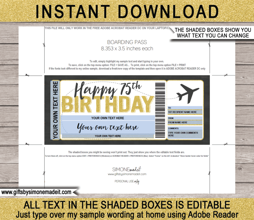 75th Birthday Boarding Pass Template | Printable Fake Plane Ticket | Surprise Trip Reveal Gift Idea | DIY Editable Text | INSTANT DOWNLOAD via giftsbysimonemadeit.com