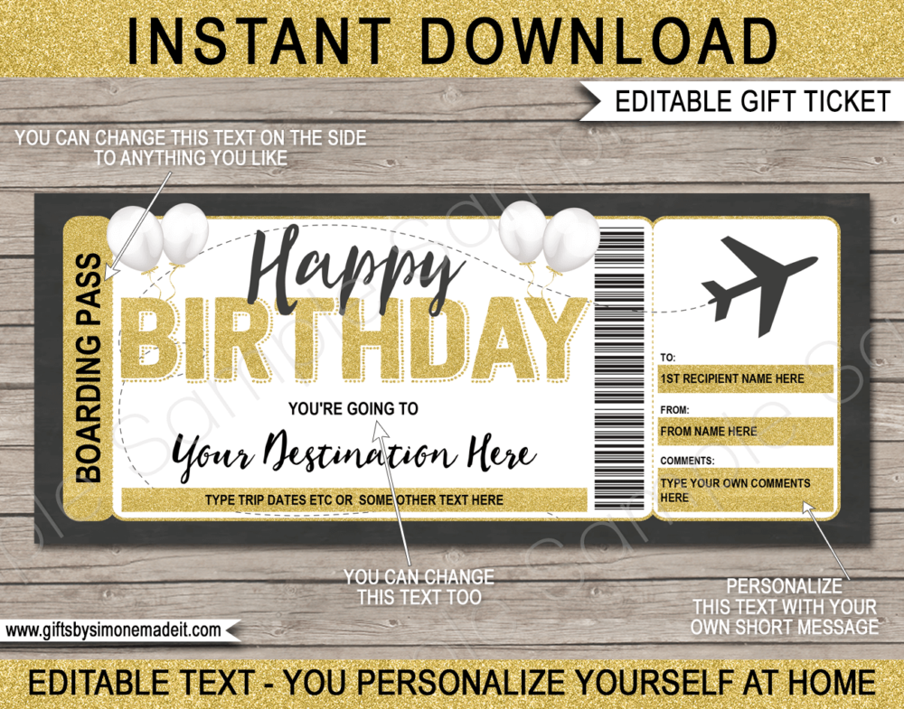 Printable Birthday Boarding Pass Template | Surprise Trip Plane Ticket Gift Idea | Trip Reveal | DIY Editable Text | INSTANT DOWNLOAD via giftsbysimonemadeit.com