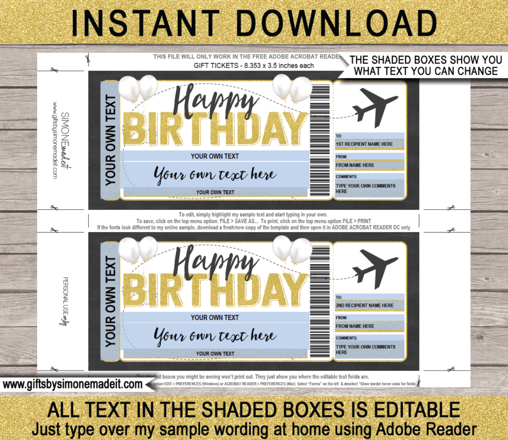 Printable Birthday Boarding Pass Template | Surprise Trip Plane Ticket Gift Idea | Trip Reveal | DIY Editable Text | INSTANT DOWNLOAD via giftsbysimonemadeit.com