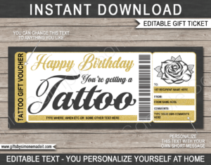 Birthday Tattoo Gift Certificate Template | Rose Flower Design | DIY Printable Gift Voucher with Editable Text | Last Minute Gift Idea | Get Inked | INSTANT DOWNLOAD via giftsbysimonemadeit.com