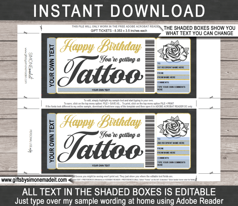 Birthday Tattoo Gift Certificate Template | Rose Flower Design | DIY Printable Gift Voucher with Editable Text | Last Minute Gift Idea | Get Inked | INSTANT DOWNLOAD via giftsbysimonemadeit.com