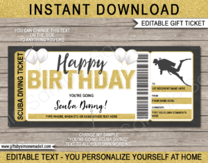 Birthday Scuba Diving Gift Certificate Template | Printable Gift Card Voucher Ticket | Gift Idea | DIY with Editable Text | INSTANT DOWNLOAD via giftsbysimonemadeit.com