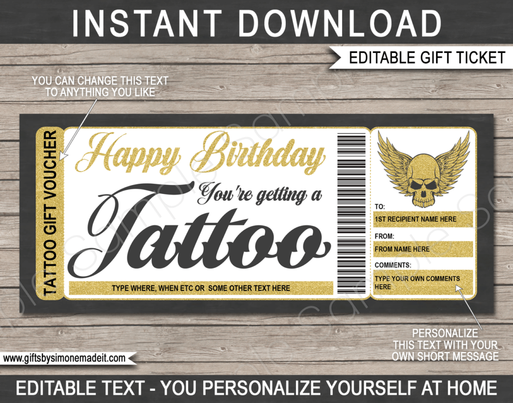 Birthday Tattoo Gift Certificate Template | Skull Design | DIY Printable Gift Voucher with Editable Text | Last Minute Gift Idea | Get Inked | INSTANT DOWNLOAD via giftsbysimonemadeit.com