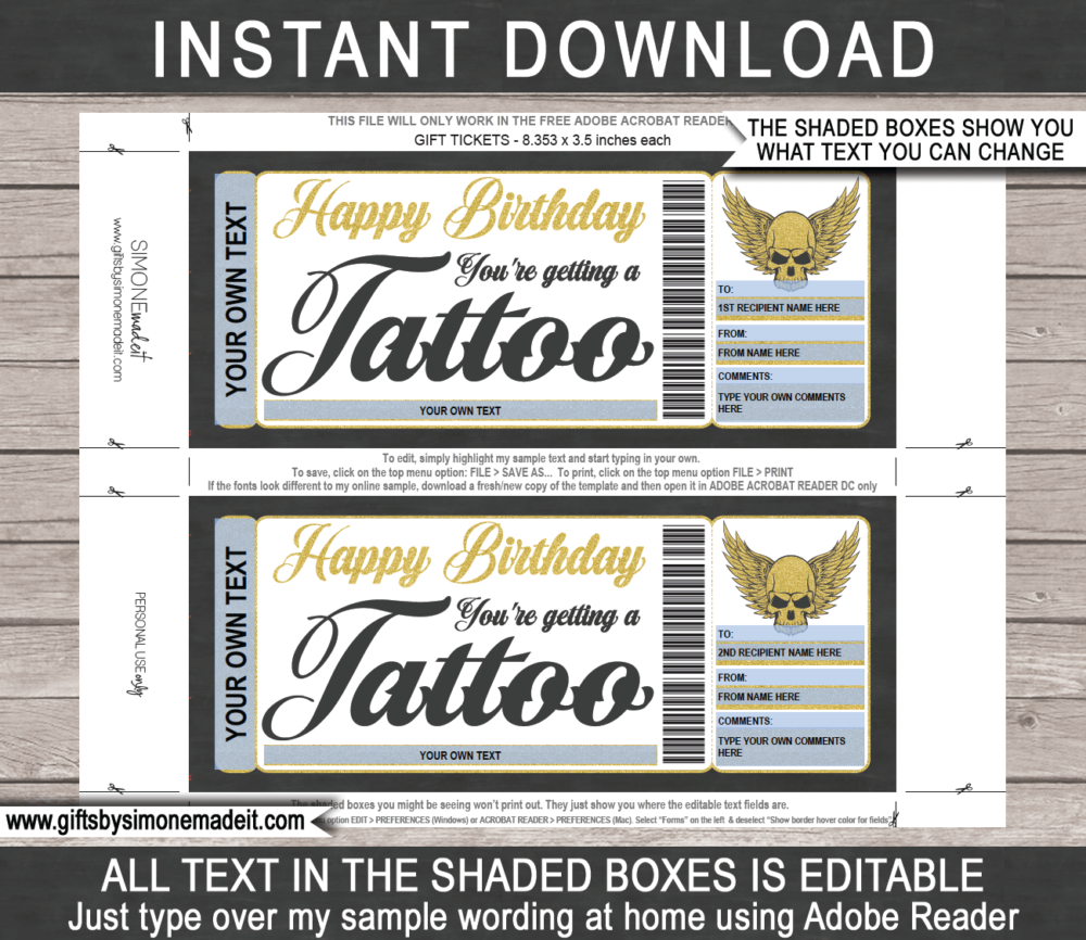 Birthday Tattoo Gift Certificate Template | Skull Design | DIY Printable Gift Voucher with Editable Text | Last Minute Gift Idea | Get Inked | INSTANT DOWNLOAD via giftsbysimonemadeit.com