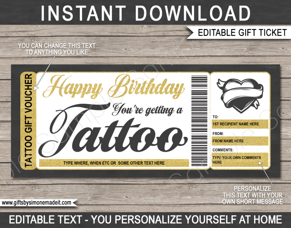 Birthday Tattoo Gift Certificate Template | Heart Design | DIY Printable Gift Voucher with Editable Text | Last Minute Gift Idea | Get Inked | INSTANT DOWNLOAD via giftsbysimonemadeit.com