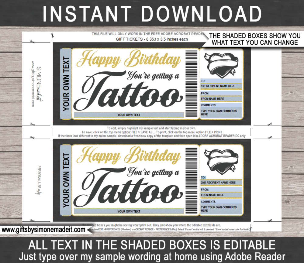 Birthday Tattoo Gift Certificate Template | Heart Design | DIY Printable Gift Voucher with Editable Text | Last Minute Gift Idea | Get Inked | INSTANT DOWNLOAD via giftsbysimonemadeit.com