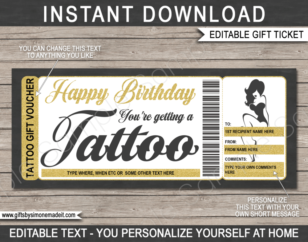 Birthday Tattoo Gift Certificate Template | Sexy Pinup Design | DIY Printable Gift Voucher with Editable Text | Last Minute Gift Idea | Get Inked | INSTANT DOWNLOAD via giftsbysimonemadeit.com