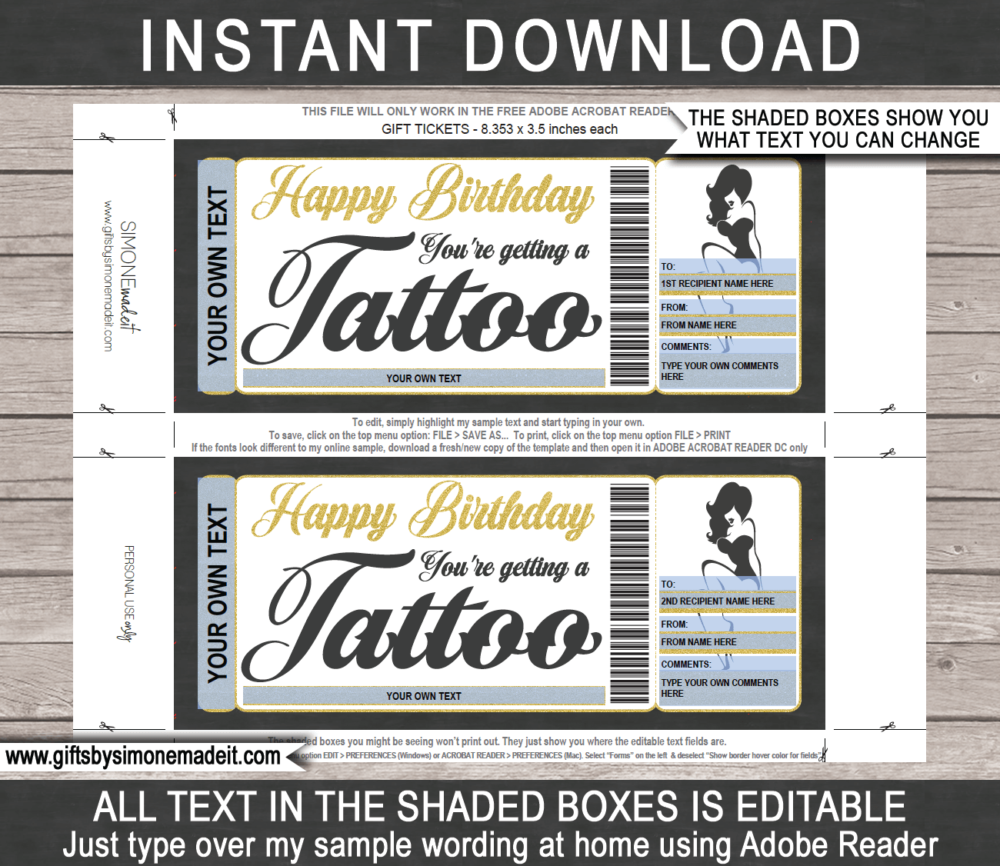 Birthday Tattoo Gift Certificate Template | Sexy Pinup Design | DIY Printable Gift Voucher with Editable Text | Last Minute Gift Idea | Get Inked | INSTANT DOWNLOAD via giftsbysimonemadeit.com