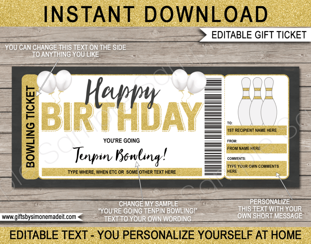 Birthday Ten-pin Bowling Gift Certificate Template | Printable Card Voucher Ticket | DIY with Editable Text | INSTANT DOWNLOAD via giftsbysimonemadeit.com