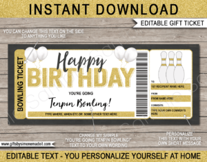 Birthday Ten-pin Bowling Gift Certificate Template | Printable Card Voucher Ticket | DIY with Editable Text | INSTANT DOWNLOAD via giftsbysimonemadeit.com