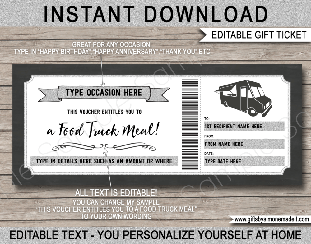 Editable & Printable Food Truck Meal Voucher Template | Gift Card Certificate | Dinner Lunch Ticket for Staff, Work Colleagues, Teacher Appreciation | Restaurant Dining | INSTANT DOWNLOAD via giftsbysimonemadeit.com