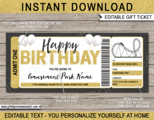 Birthday Theme Park Ticket Template | Printable Amusement Park Gift Voucher, Certificate, Card with Editable Text | INSTANT DOWNLOAD via giftsbysimonemadeit.com