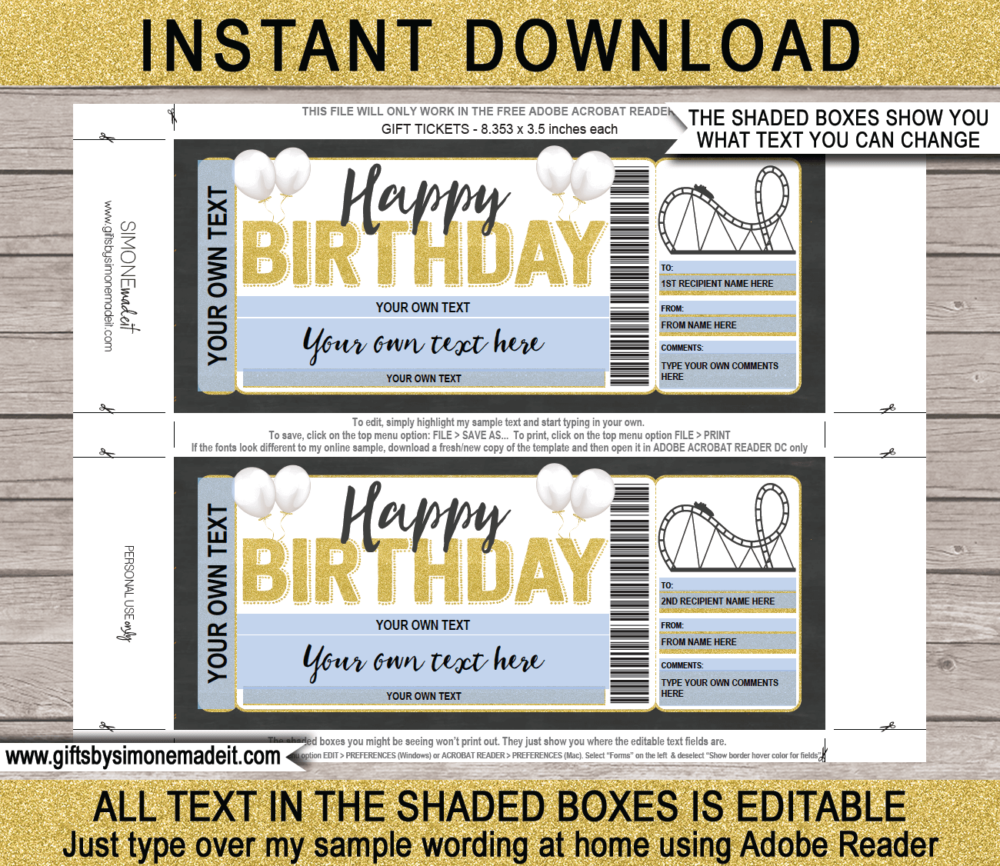 Birthday Theme Park Ticket Template | Printable Amusement Park Gift Voucher, Certificate, Card with Editable Text | INSTANT DOWNLOAD via giftsbysimonemadeit.com