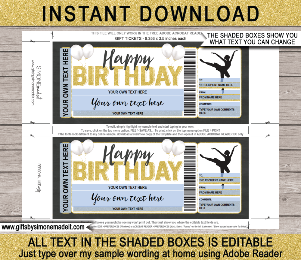 Birthday Ballet Ticket Template | Printable Performance Voucher, Certificate, Card with Editable Text | INSTANT DOWNLOAD via giftsbysimonemadeit.com
