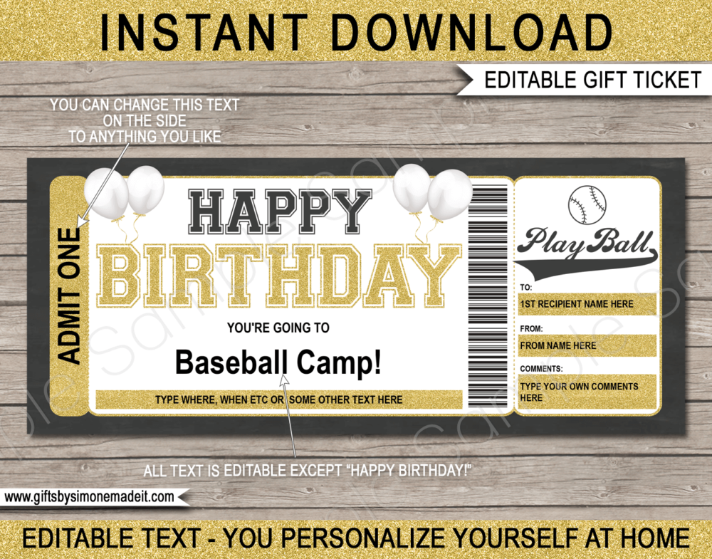 Birthday Baseball Camp Ticket Template | Gift Ideas | DIY Printable Gift Certificate Voucher Card with Editable Text | NSTANT DOWNLOAD via giftsbysimonemadeit.com