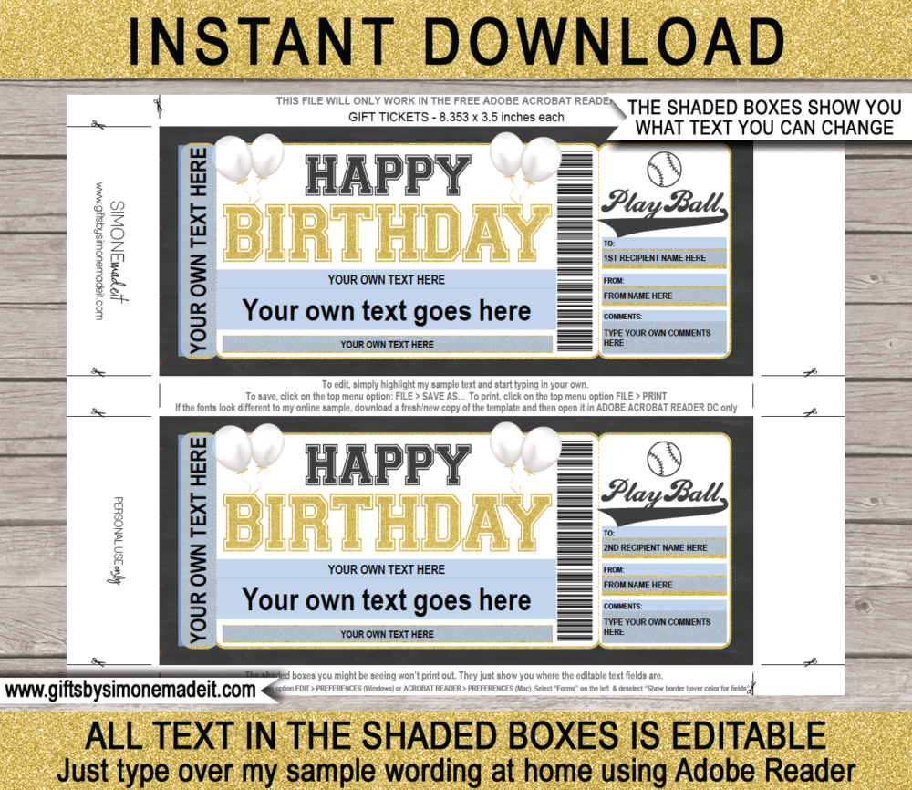 Birthday Baseball Ticket Template | Printable Game Ticket Gift Ideas | DIY Printable Gift Certificate Voucher Card with Editable Text | NSTANT DOWNLOAD via giftsbysimonemadeit.com