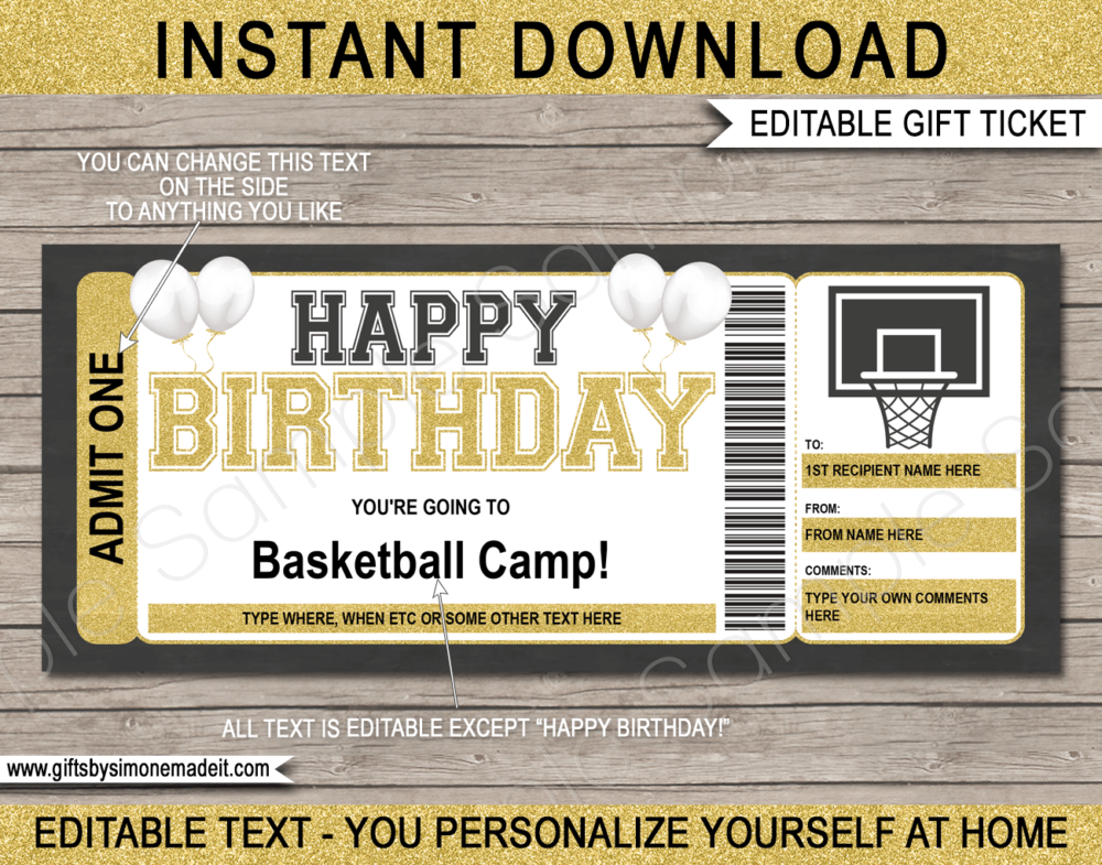 Birthday Basketball Camp Ticket Template | Gift Ideas | DIY Printable Gift Certificate Voucher Card with Editable Text | NSTANT DOWNLOAD via giftsbysimonemadeit.com