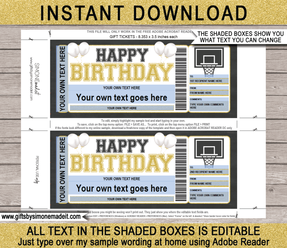 Birthday Basketball Ticket Template | Printable Game Ticket Gift Ideas | DIY Printable Gift Certificate Voucher Card with Editable Text | NSTANT DOWNLOAD via giftsbysimonemadeit.com