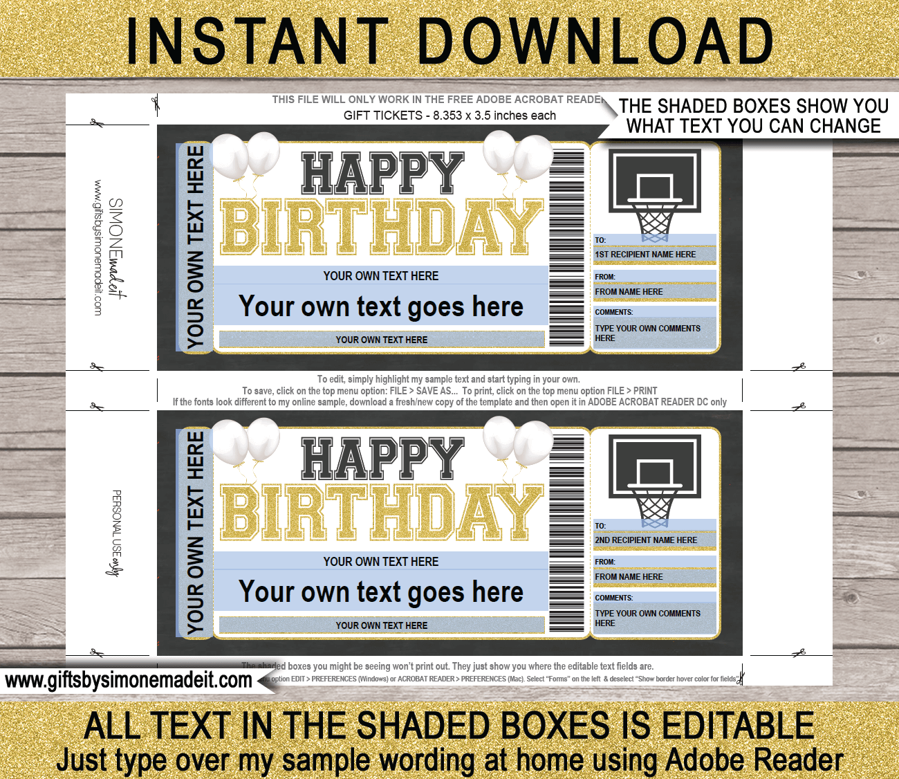 Printable Basketball Game Ticket Birthday Gift Template Party 